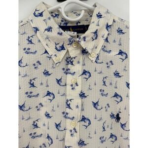 Ralph Lauren Marlin Print Button Down Shirt ShortSleeve Cream Blue L Seersucker